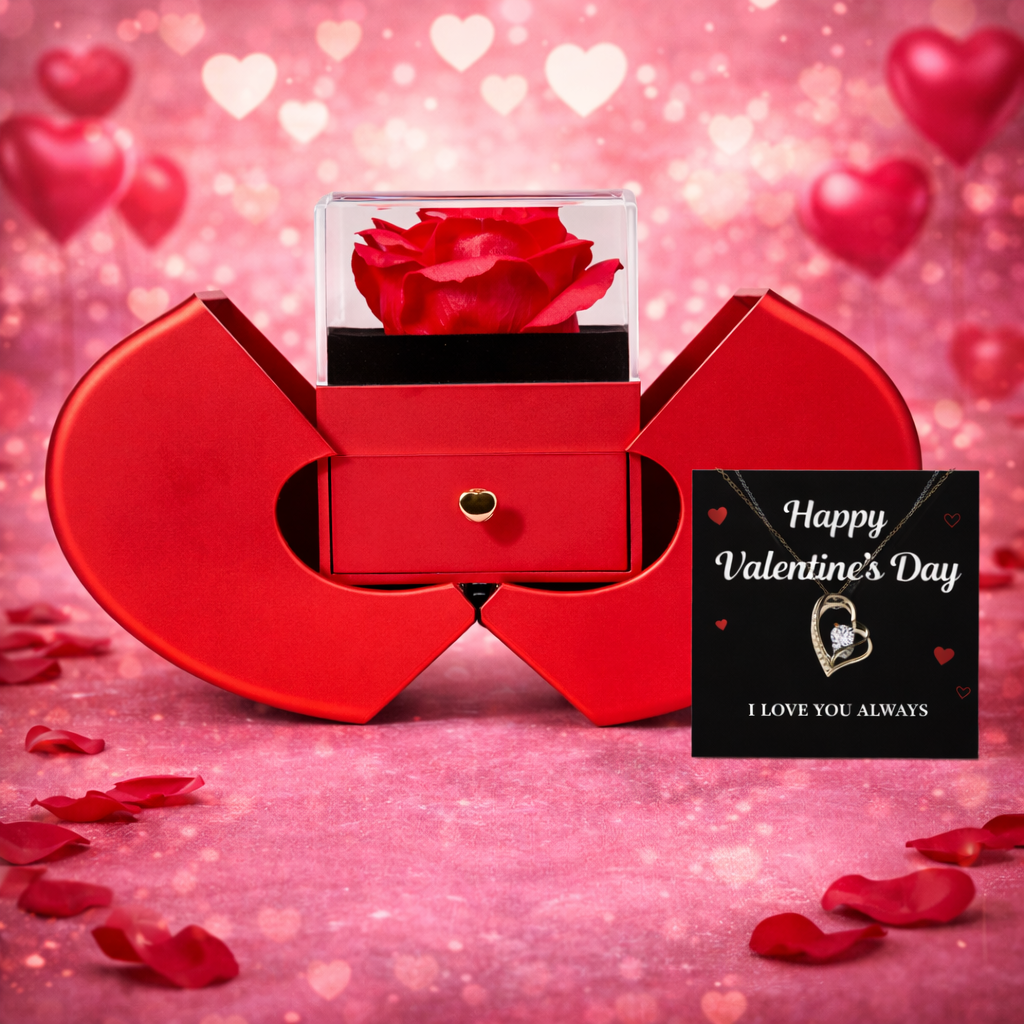 Forever Love Necklace with Red Heart Rose Box