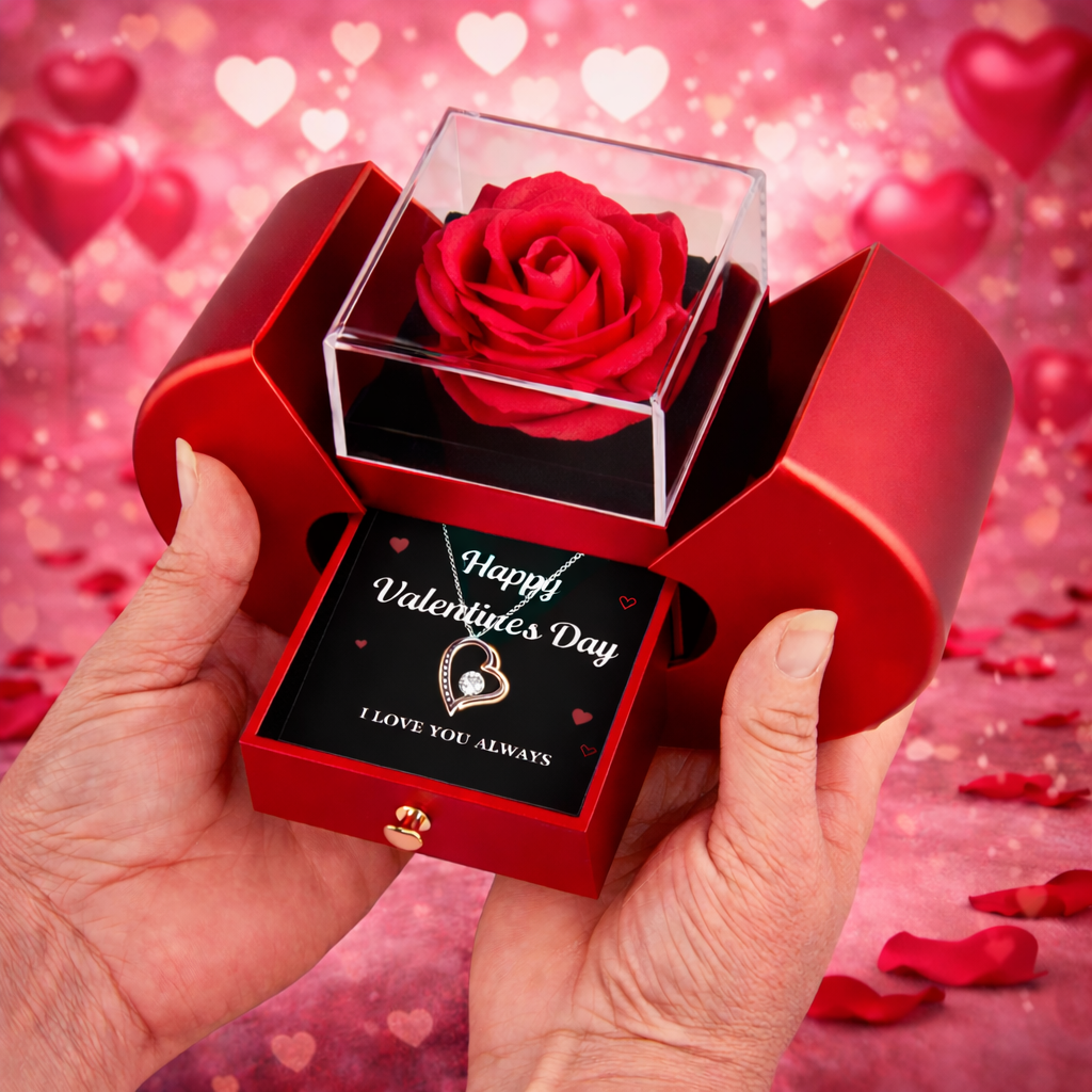 Forever Love Necklace with Red Heart Rose Box